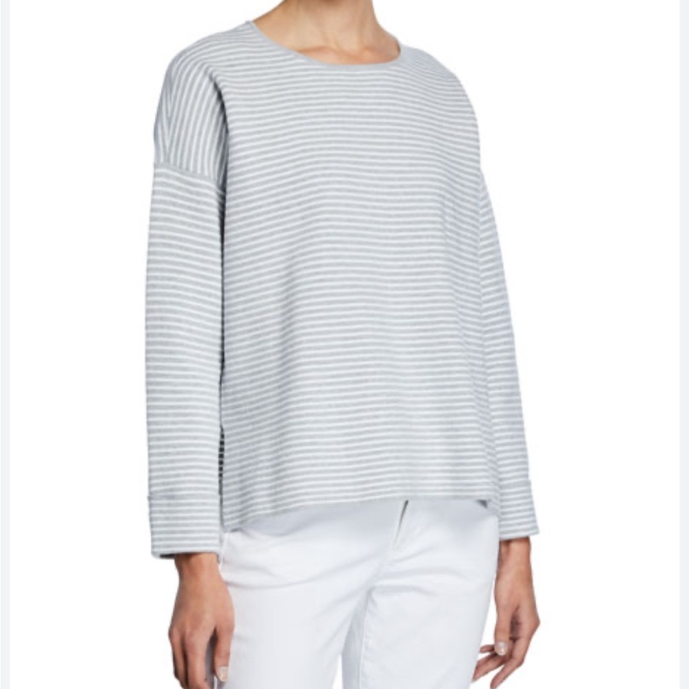 Eileen Fisher grey and white striped top in organic cotton with bateau neck